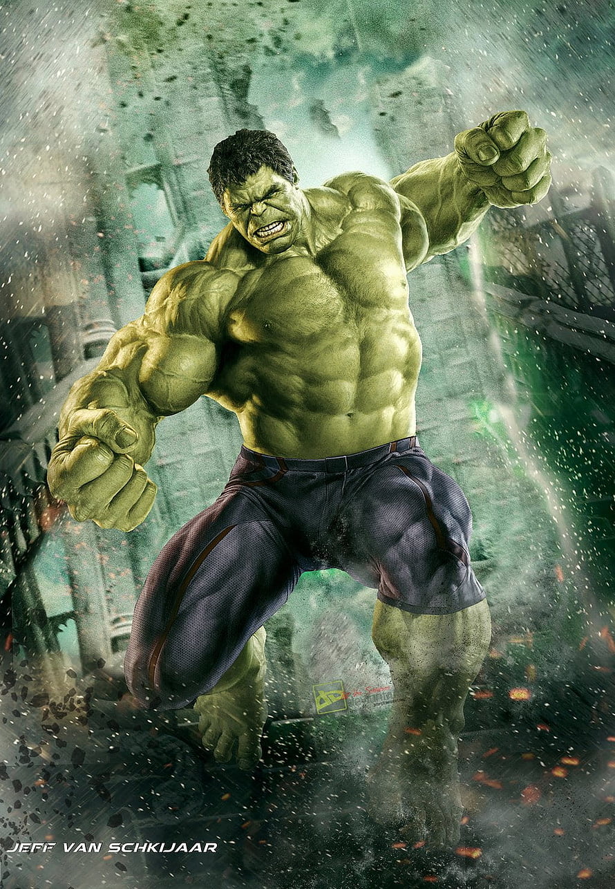 Hulk in a Fierce Battle Stance Amidst a Destroyed Cityscape HD phone wallpaper