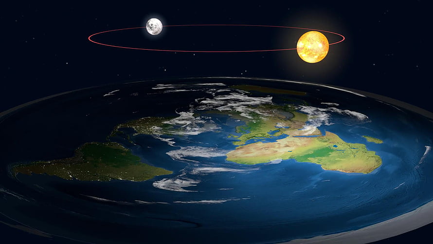 Flat Earth Concept with Sun and Moon Orbiting Above a Disc-Shaped Globe HD wallpaper