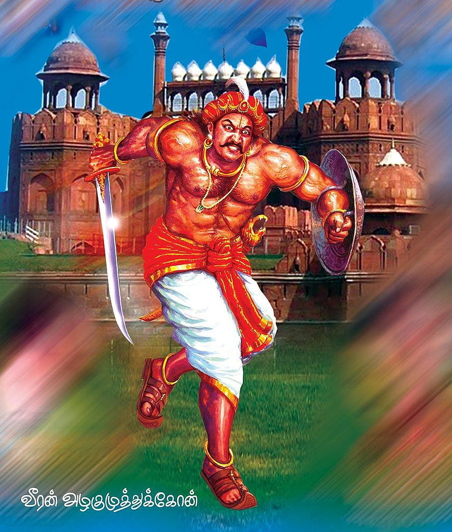 Alagumuthu Kone Warrior Illustration with Sword and Shield Before Fort HD phone wallpaper