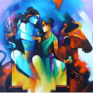 Modern Art Painting of Lord Shiva and Goddess Parvati with Nandi in Vibrant Colors HD wallpaper