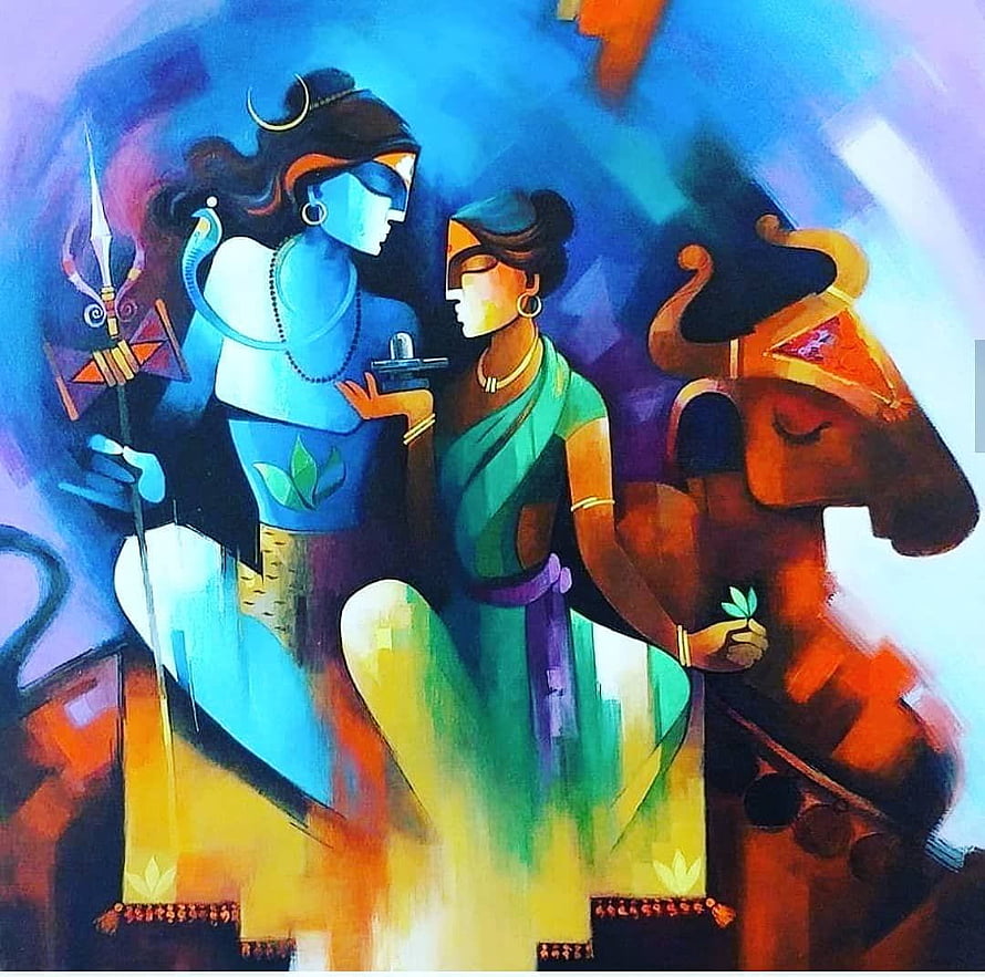 Modern Art Painting of Lord Shiva and Goddess Parvati with Nandi in Vibrant Colors HD wallpaper