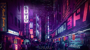 Neon-lit Tokyo street scene at night with vibrant purple and pink signage, crowds, and cyberpunk atmosphere HD wallpaper