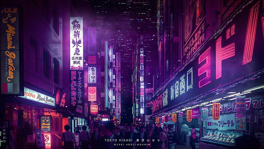 Neon-lit Tokyo street scene at night with vibrant purple and pink signage, crowds, and cyberpunk atmosphere HD wallpaper