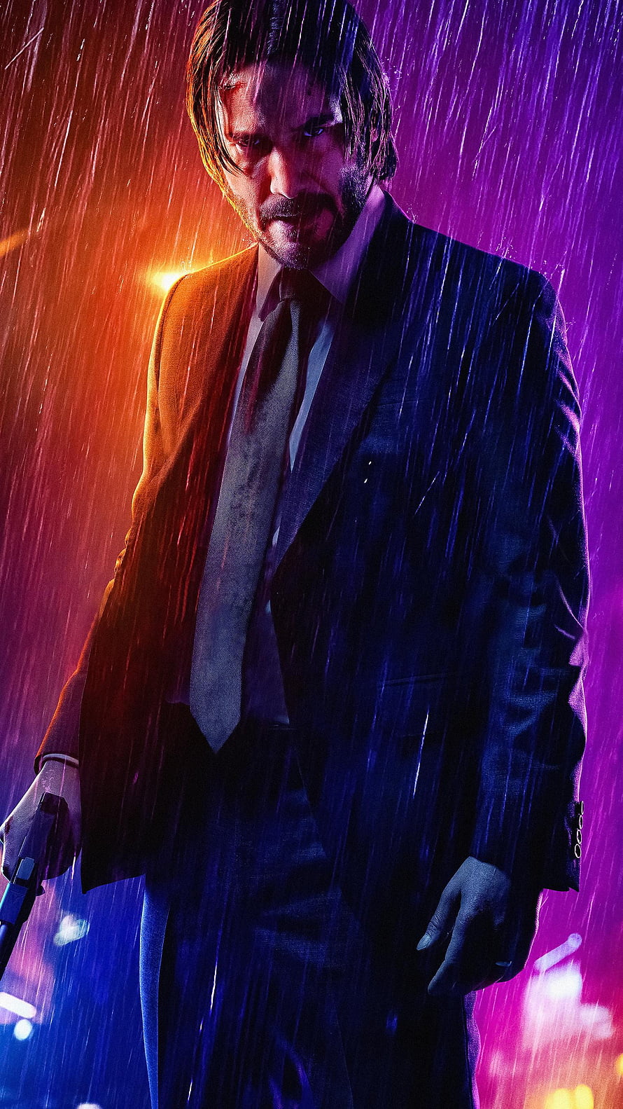John Wick in a dark suit holding a pistol under heavy rain with neon purple and orange lighting HD phone wallpaper