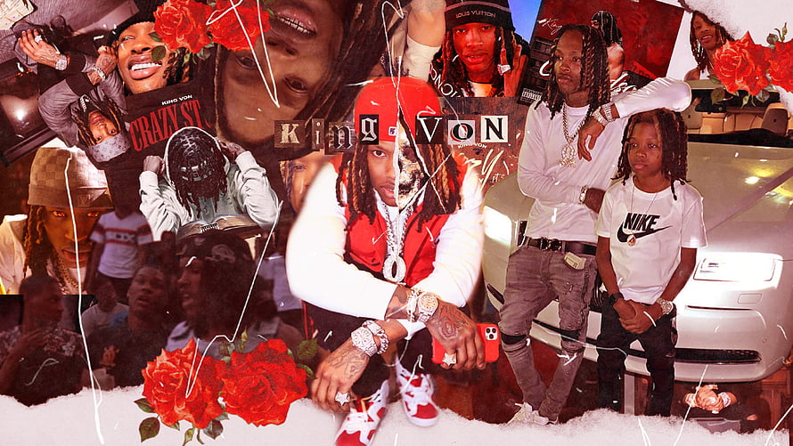 King Von Memorial Collage Featuring Red Roses, Luxury Cars, and Streetwear Portraits HD wallpaper