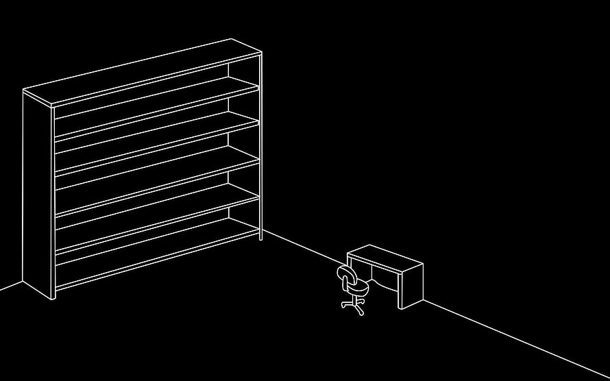 Minimalist Wireframe Office Room with Bookshelf and Desk HD wallpaper