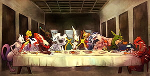 Parody of The Last Supper Featuring Legendary Pokemon Characters Seated at a Long Table HD wallpaper