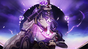 Raiden Shogun wielding sword with purple lightning and electro symbols in Genshin Impact anime style HD wallpaper