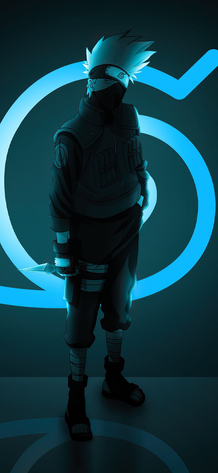 Hatake Kakashi from Naruto in a moody blue-lit anime portrait with glowing circular backdrop HD phone wallpaper