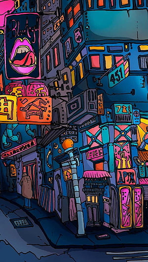 Vibrant Cyberpunk Alleyway Illustration with Neon Signs and Futuristic Urban Architecture HD phone wallpaper