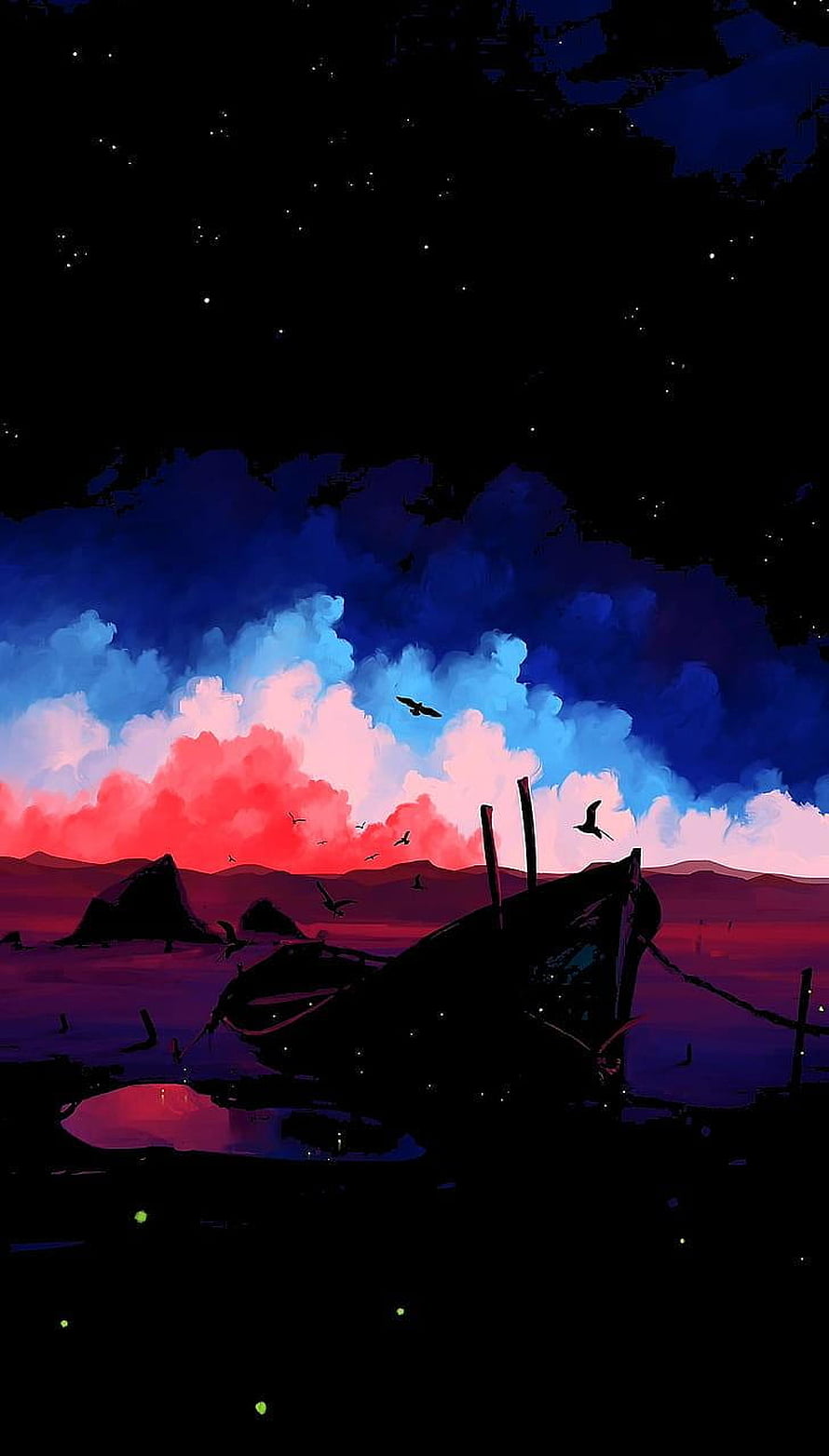 Silhouette of a Wrecked Boat on Shore Under a Vibrant Sunset Sky with Birds HD phone wallpaper