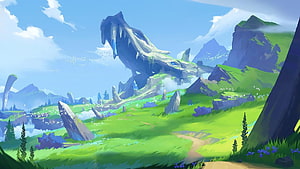Fantasy Landscape With Giant Dragon Skull Mountain And Green Valley HD wallpaper