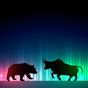 Bull and Bear Silhouettes Facing Off on Neon Gradient Background HD phone wallpaper