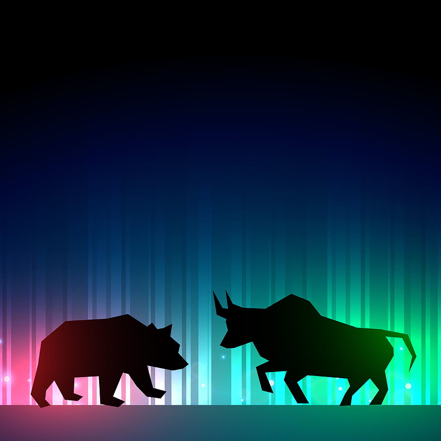 Bull and Bear Silhouettes Facing Off on Neon Gradient Background HD phone wallpaper