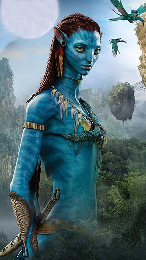 Neytiri from Avatar 2 Standing in the Lush Forests of Pandora with Banshees in the Sky HD phone wallpaper
