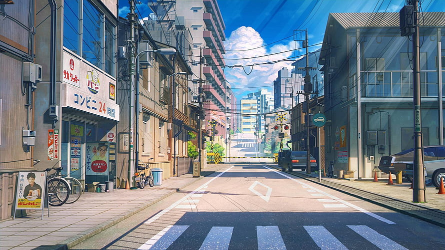 Sunny Japanese Street Scene Anime Style Wallpaper With Convenience Store And Blue Sky HD wallpaper