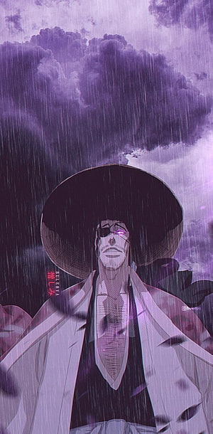 Kyoraku Shunsui from Bleach Standing in Heavy Rain Under Purple Stormy Skies HD phone wallpaper