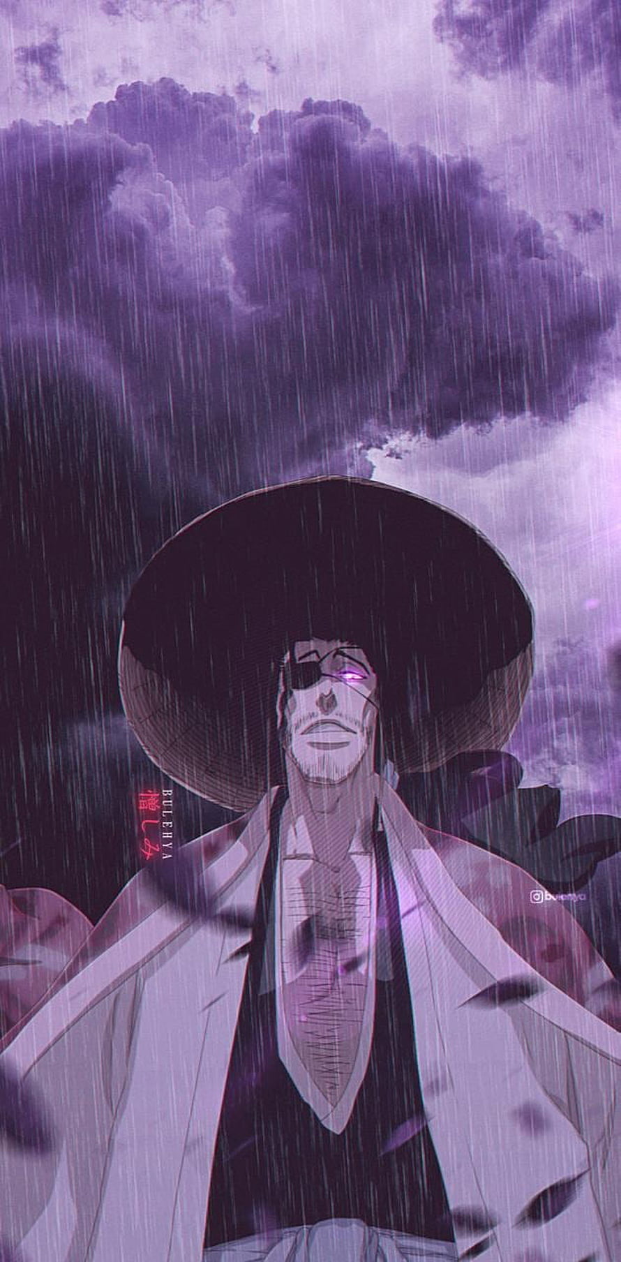 Kyoraku Shunsui from Bleach Standing in Heavy Rain Under Purple Stormy Skies HD phone wallpaper