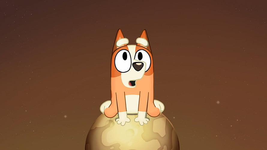 Bingo from Bluey Sitting on a Moon in Space HD wallpaper