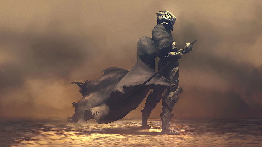 Dark Souls Knight in Armor Standing in Misty Landscape with Sword HD wallpaper