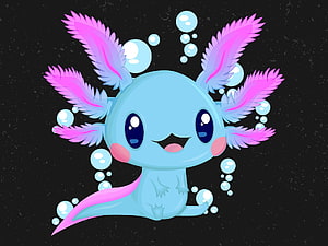 Cute Blue Axolotl with Pink Gills and Bubbles on Dark Background HD wallpaper