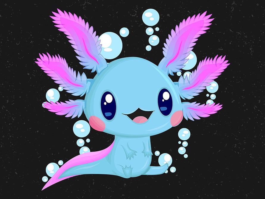 Cute Blue Axolotl with Pink Gills and Bubbles on Dark Background HD wallpaper
