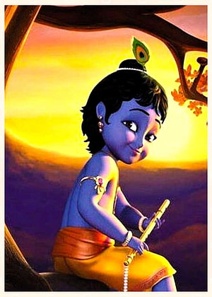 Animated Krishna Playing Flute Under a Tree at Sunset HD phone wallpaper
