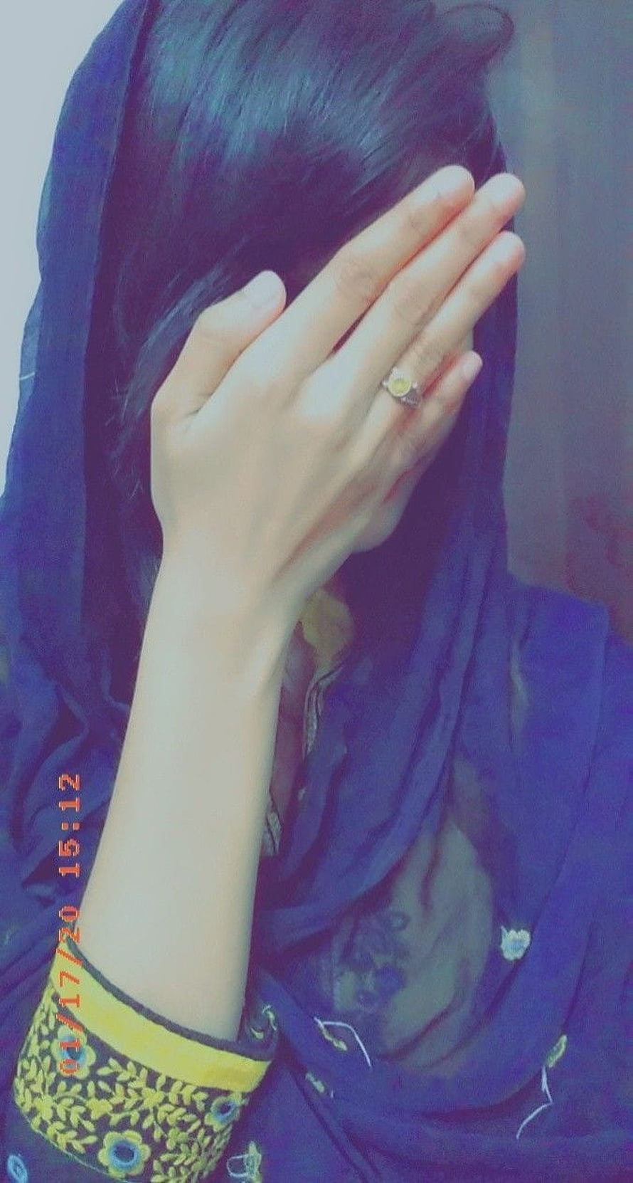 Woman in Blue Hijab Covering Face with Hand and Yellow Ring, Hidden Face in 2021, 2021 girls dpz HD phone wallpaper