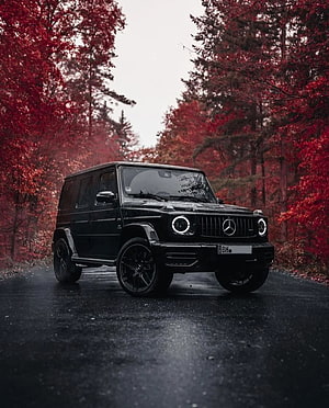 Black Mercedes-Benz G-Class SUV on a Wet Road Surrounded by Red Autumn Forest HD phone wallpaper