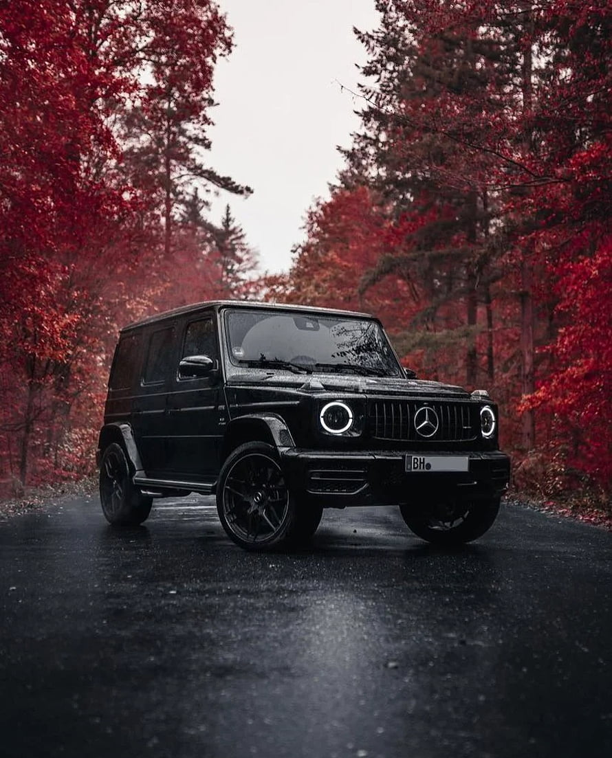 Black Mercedes-Benz G-Class SUV on a Wet Road Surrounded by Red Autumn Forest HD phone wallpaper