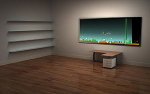 Modern Minimalist Office Interior With Wall-Mounted Display And Wooden Flooring HD wallpaper
