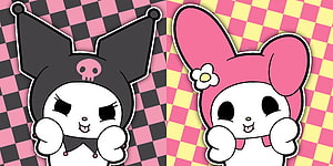 Cute Kuromi and My Melody Cartoon Characters on Checkered Background HD wallpaper