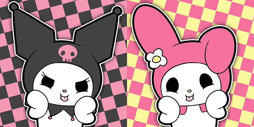Cute Kuromi and My Melody Cartoon Characters on Checkered Background HD wallpaper