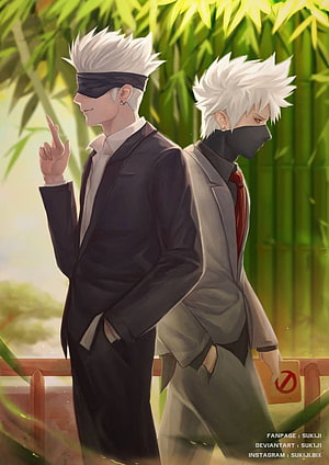 Satoru Gojo and Kakashi Hatake in Formal Suits Standing in a Bamboo Grove HD phone wallpaper