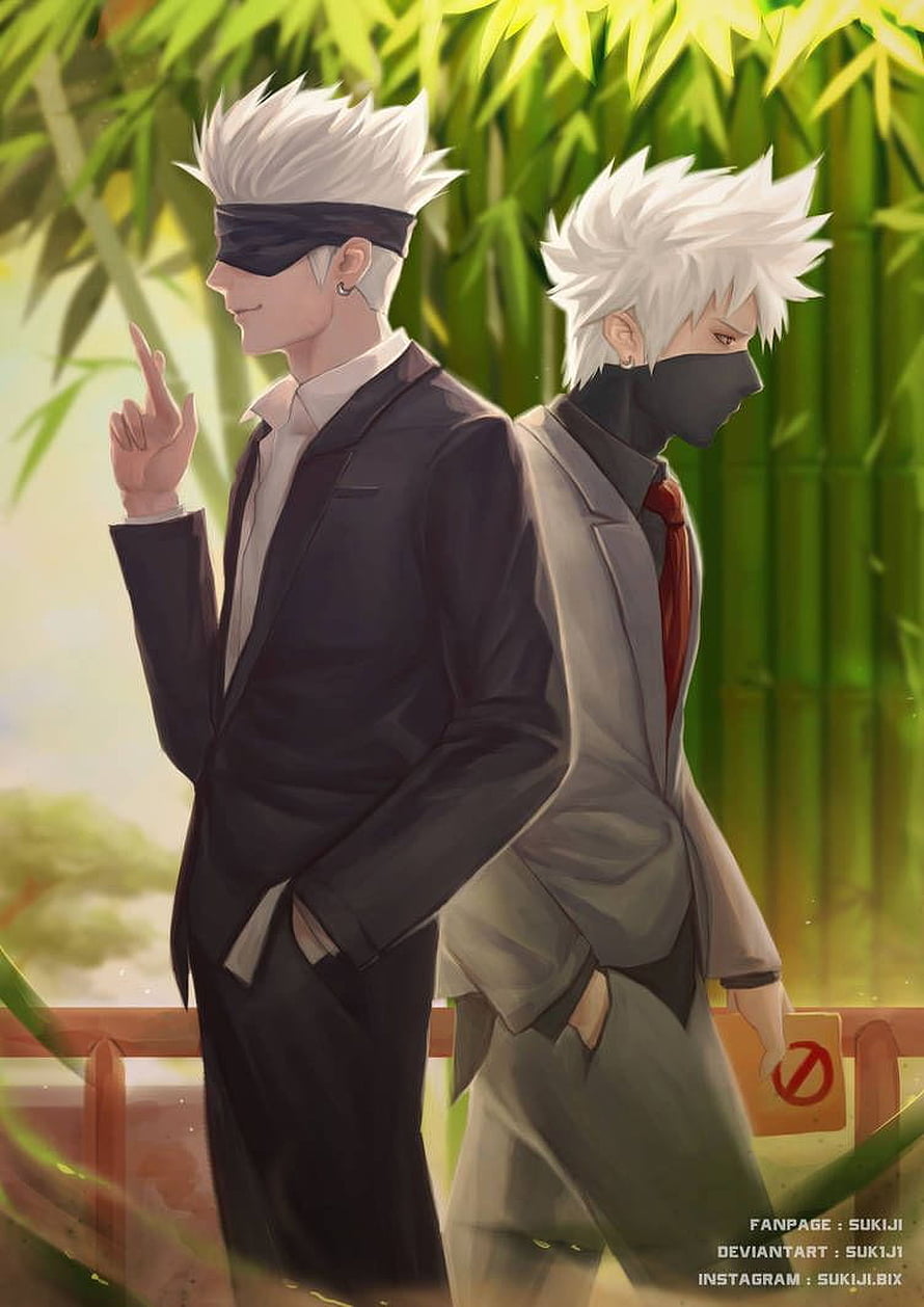 Satoru Gojo and Kakashi Hatake in Formal Suits Standing in a Bamboo Grove HD phone wallpaper