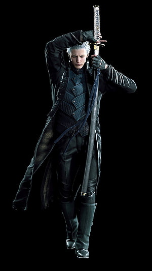 Vergil from Devil May Cry 5 holding Yamato sword in black coat HD phone wallpaper