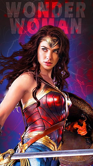 Wonder Woman Gal Gadot in Red Armor Holding Shield and Sword with Dramatic Background, Wonder Woman Mobile Gal Gadot, gal gadot HD phone wallpaper