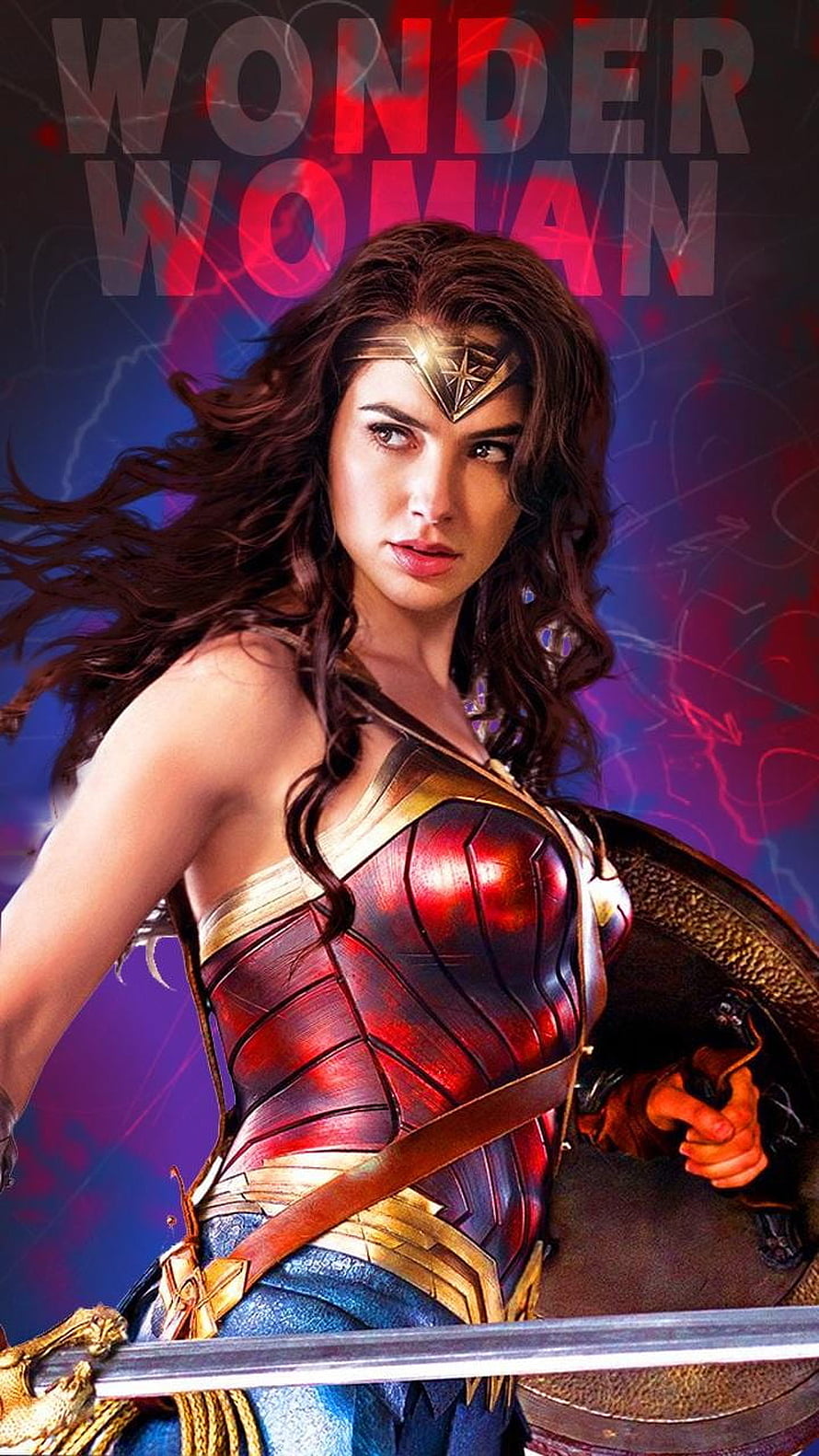 Wonder Woman Gal Gadot in Red Armor Holding Shield and Sword with Dramatic Background, Wonder Woman Mobile Gal Gadot, gal gadot HD phone wallpaper
