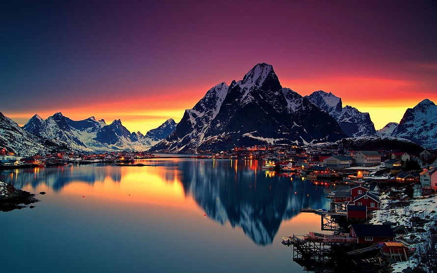 Reine Village Lofoten Islands Norway Sunset Reflections HD wallpaper