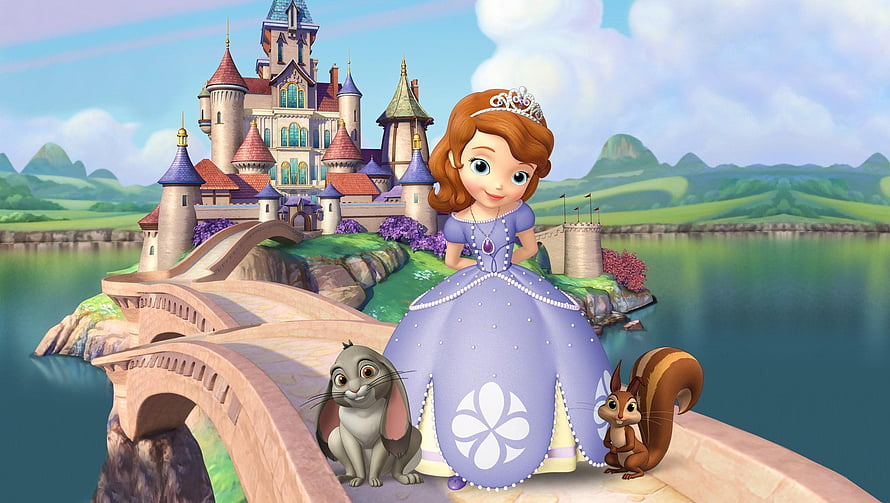 Sofia the First Princess in Lavender Gown with Castle and Animal Friends HD wallpaper