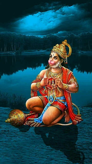 Hanuman Holding Rama Sita Portrait Sitting By Lake At Night, Lord Hanuman for Android, animated hanuman HD phone wallpaper