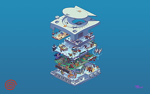 Isometric Exploded View of Sega Dreamcast Console with Miniature Characters and Vehicles HD wallpaper
