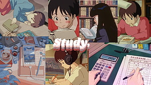 Anime Study Aesthetic Collage Featuring Kiki's Delivery Service and Cozy Desk Scenes HD wallpaper