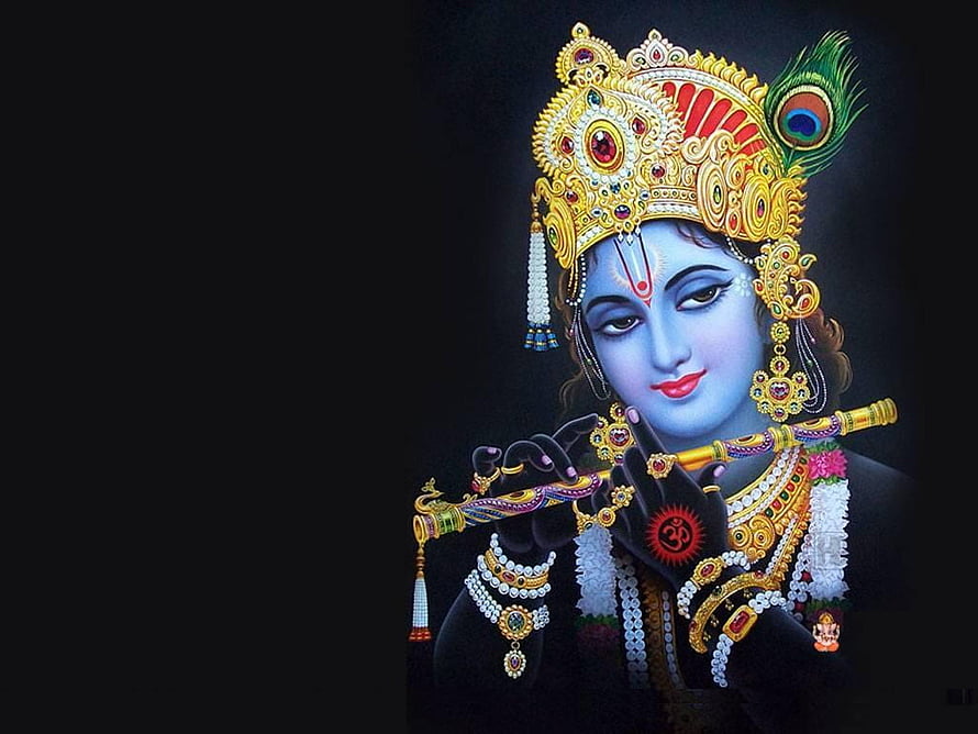 Lord Krishna Playing Flute With Peacock Feather Crown Digital Art Wallpaper HD wallpaper