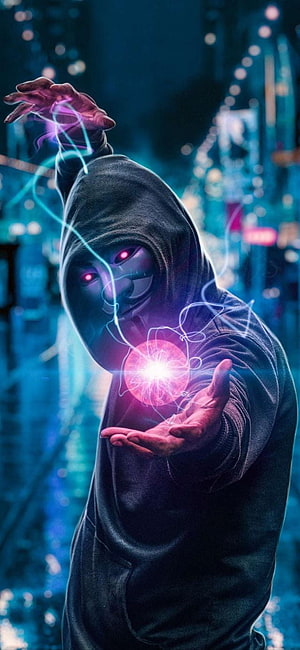Hooded Hacker with Glowing Red Eyes and Magic Energy Ball in Cyberpunk City HD phone wallpaper