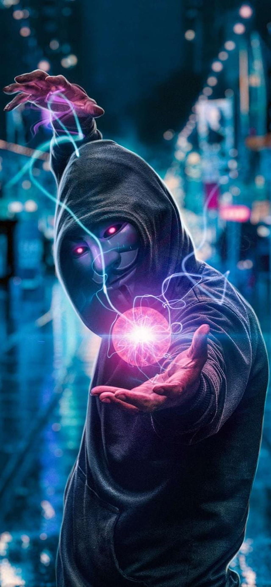 Hooded Hacker with Glowing Red Eyes and Magic Energy Ball in Cyberpunk City HD phone wallpaper