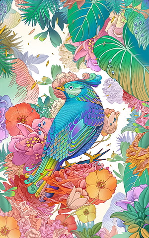 Vibrant Blue Bird Perched Among Tropical Flowers and Lush Green Leaves Illustration HD phone wallpaper