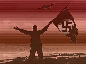 Silhouette of Soldier Holding Nazi Flag with Warplane in Red Sky HD wallpaper