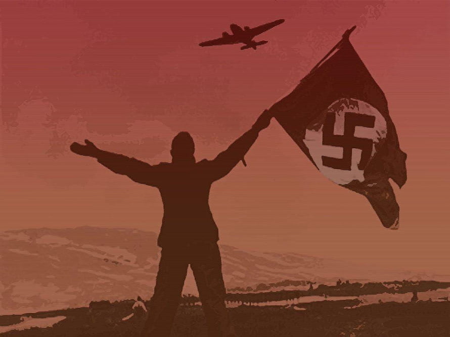 Silhouette of Soldier Holding Nazi Flag with Warplane in Red Sky HD wallpaper