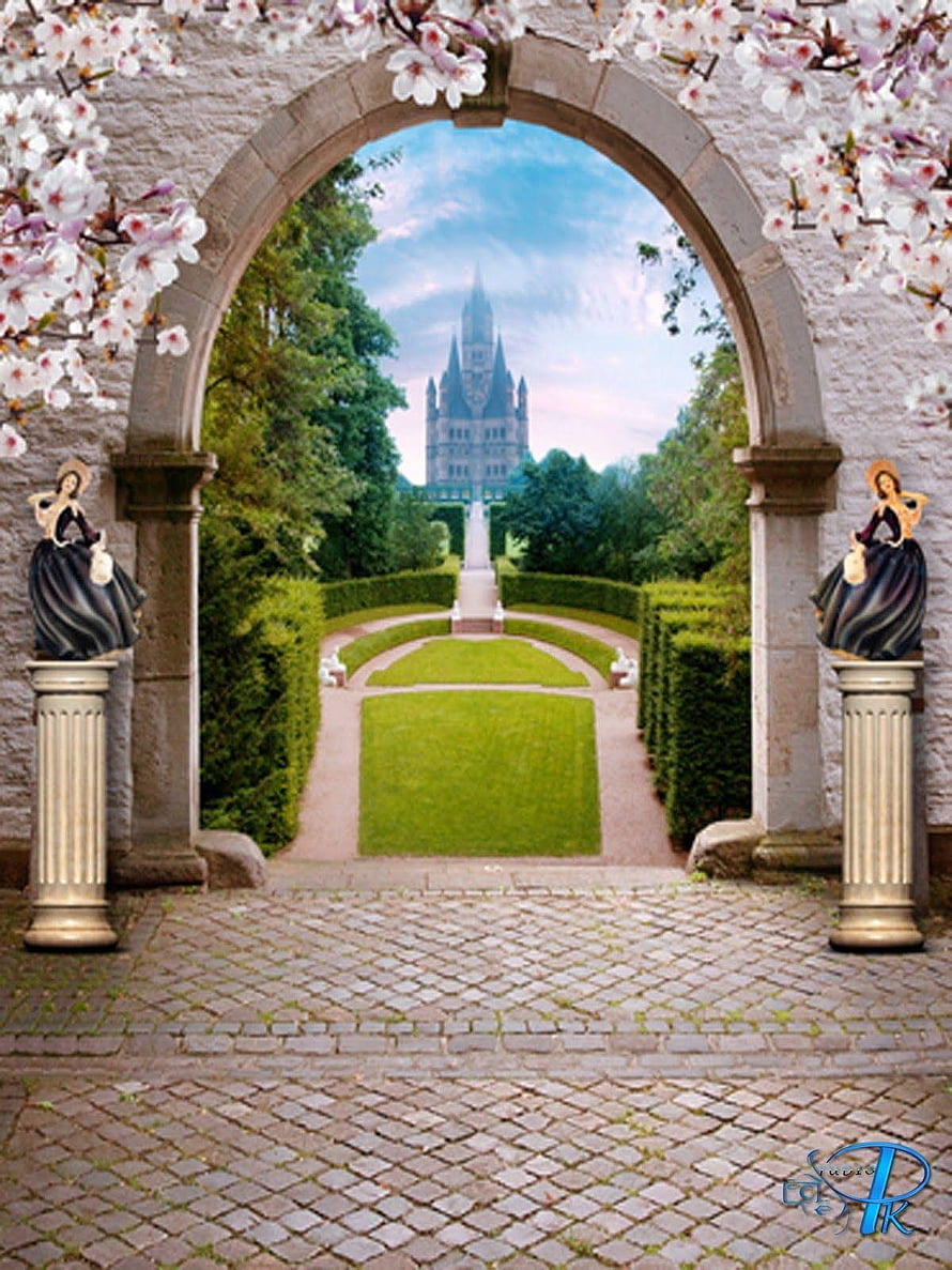 Magical Castle View Through Stone Archway With Cherry Blossoms And Garden Statues HD phone wallpaper